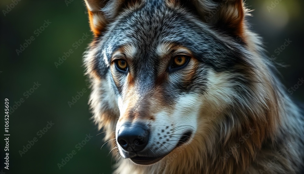 A close-up portrait of a gray wolf with intense eyes and a rugged facial expression against a blurred green background A close-up portrait of a gray wolf with intense eyes and a rugged facial expression against a blurred green background