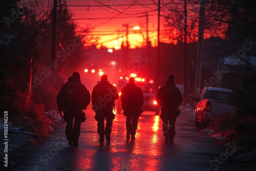 Neighborhood watch members patrolling a residential area. Generative AI photo