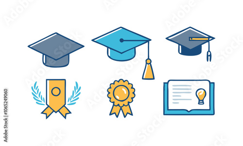 Download Graduation  Graduation Hat, Academic Or Student Cap And Diploma With Certificate, Trophy, And Badge Medal. Icons Set. . This Design Concept Isolated Premium Vector. 