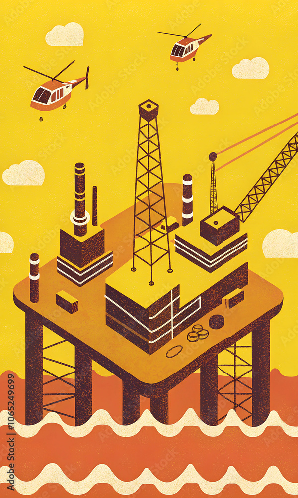 Naklejka premium Retro Oil Platform with Helicopters in Vibrant Yellow Ocean Scene