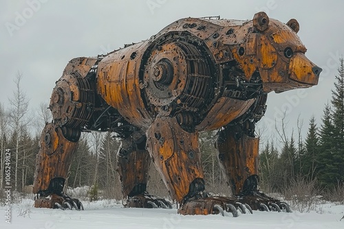 A Large Rusty Metal Bear Sculpture in a Snowy Forest photo