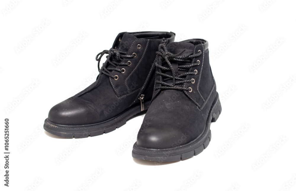 Two black shoes with laces on a white background Two black shoes with laces on a white background