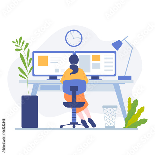Woman multitasking with dual monitors at a cluttered desk with office decor. Ideal for business, work environment, technology concepts.
