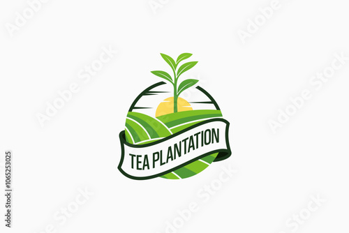 Fresh growing tea plant logo design vector illustration, natural green tea plantation logo template