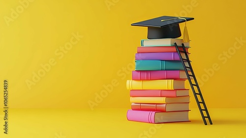 A mortarboard and graduation scroll, tied with red ribbon, on a stack of old battered book with empty space to the left. yellow background photo