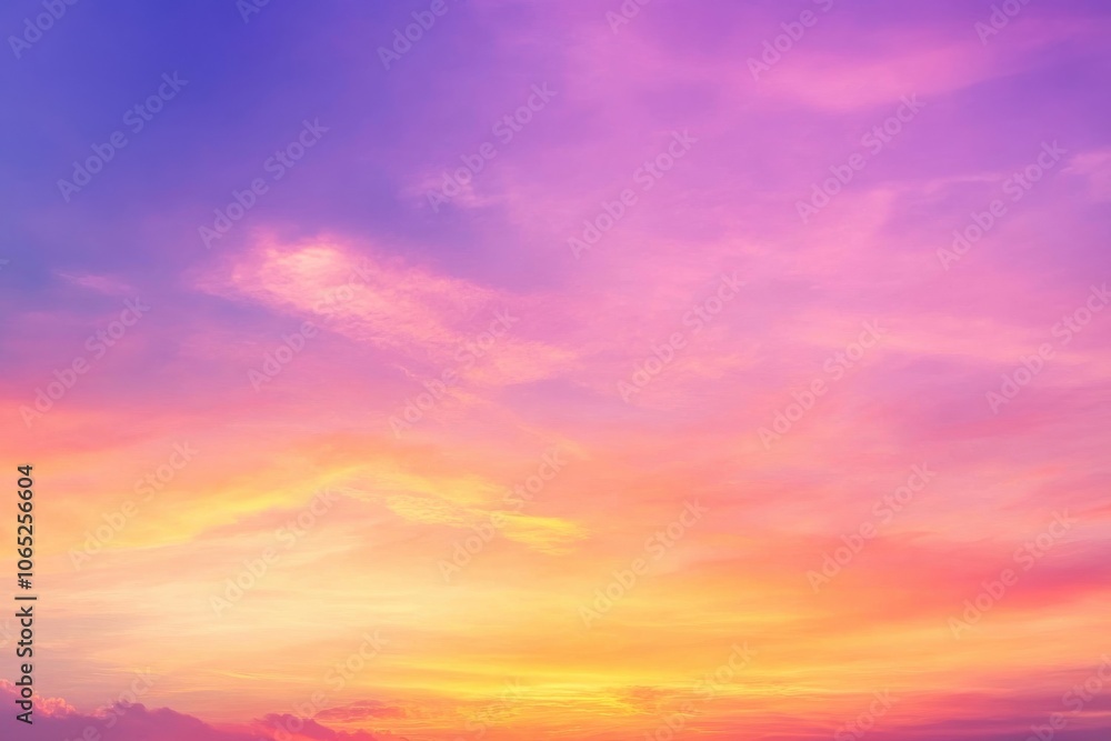 Naklejka premium Mysterious evening scene blended in bright hues of coral, magenta, and lavender, embellished with ethereal clouds, evoking a serene sense of tranquility