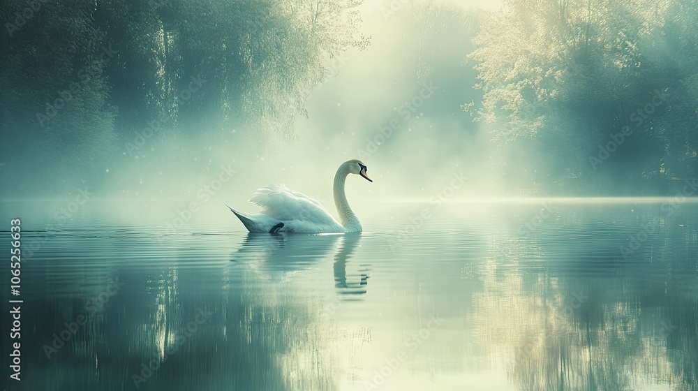 Fototapeta premium Serene Swan Gliding Through Misty Waters