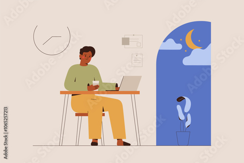Black Man works at night and drinks coffee. Time difference in global teams. Busy businessman has international remote projects. Gamer playing on the laptop. Vector illustration