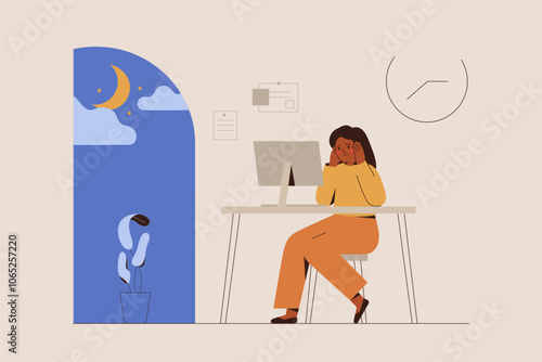 Black woman works at night. Sad female employee overloaded by business projects. Girl in depression and burnout. Vector illustration