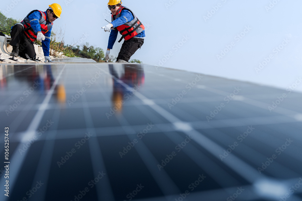 Obraz premium Male workers repair Floating solar panels on water lake. Engineers construct on site Floating solar panels at sun light. clean energy for future living. Industrial Renewable energy of green power.