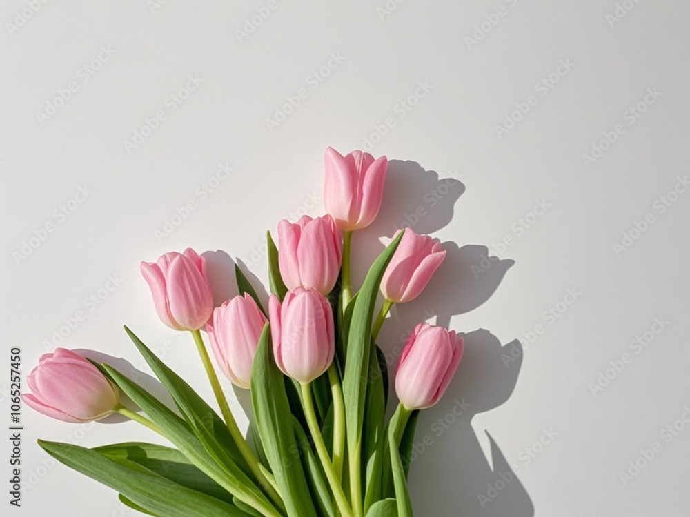 Fresh pink tulip flowers bouquet isolated on white background with copy space