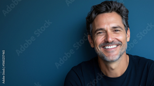 Portrait of Happy Middle Aged Man Smiling Against Blue Background