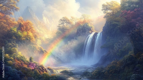 Serene Waterfall with Rainbow in Lush Landscape