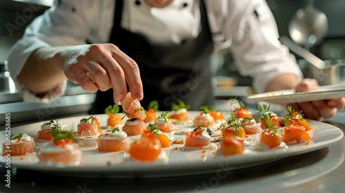 Chef Adding Final Touches to Gourmet Salmon Appetizers in Restaurant Kitchen photo