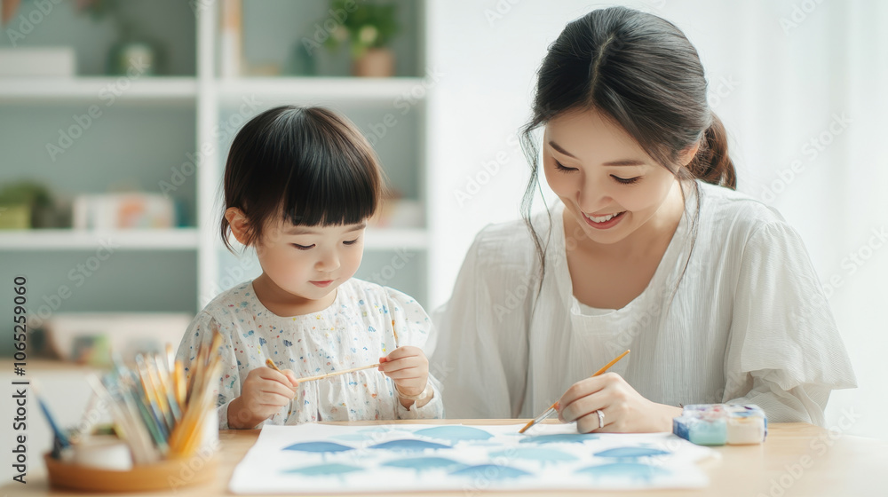 A joyful moment of a mother and child painting together, fostering creativity and bonding in a bright, inspiring environment. A joyful moment of a mother and child painting together, fostering creativity and bonding in a bright, inspiring environment.