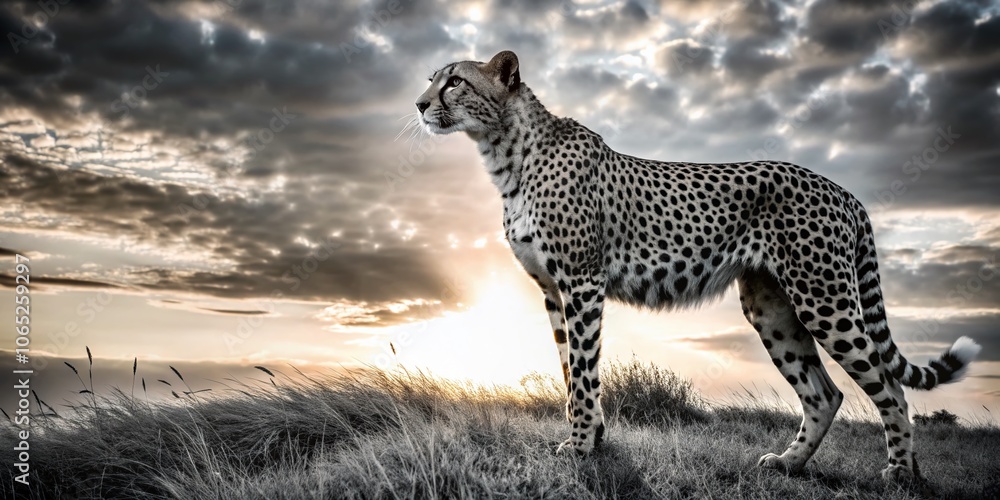 Obraz premium Cheetah Silhouette Against a Serene African Sunset - Fashion Photography Inspiration