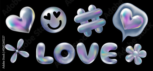 3d holographic retro 90 stickers set. Chrome Heart, Like, Flower, Smile in Y2K style with love text isolated on black. Future galaxy aesthetic, 3D chrome bubble art. Metal glossy sticker set. photo