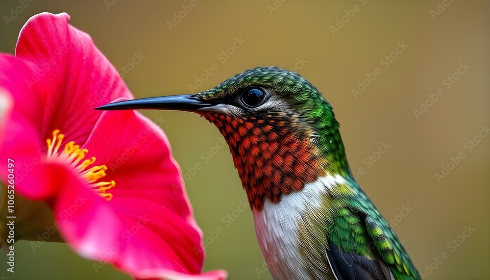 Fototapeta premium Close-up of female ruby-throated hummingbird with shimmering green feathers at a blooming flower