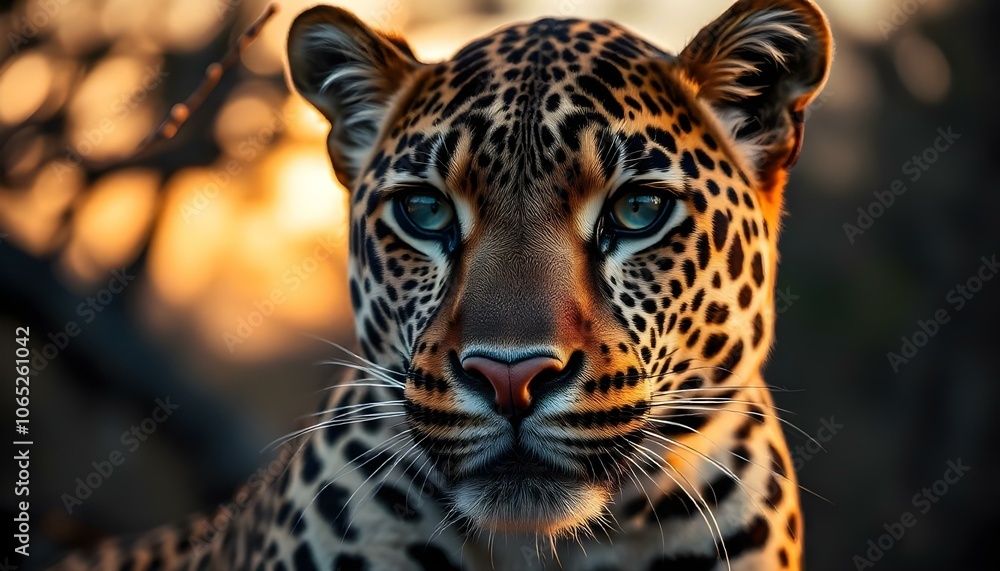 Obraz premium Close-up photography of a leopard's face, displaying its beautifully patterned fur, with a softly lit evening setting, creating a tranquil atmosphere.