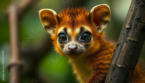 Close-up of a kinkajou with golden coat and lively eyes capturing its tropical charm photo