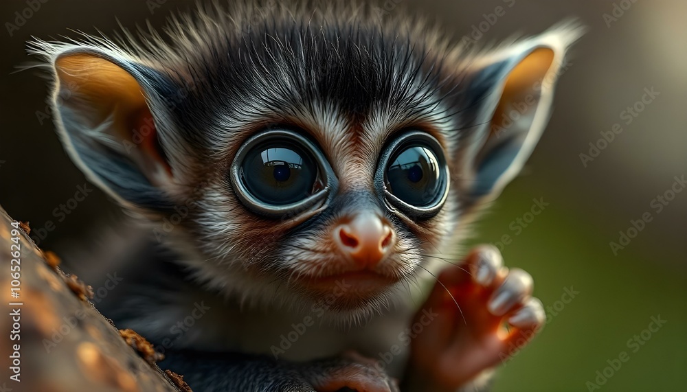 Obraz premium Close-up of Delicate Bush Baby with Large Eyes and Soft Fur Highlighting Charm