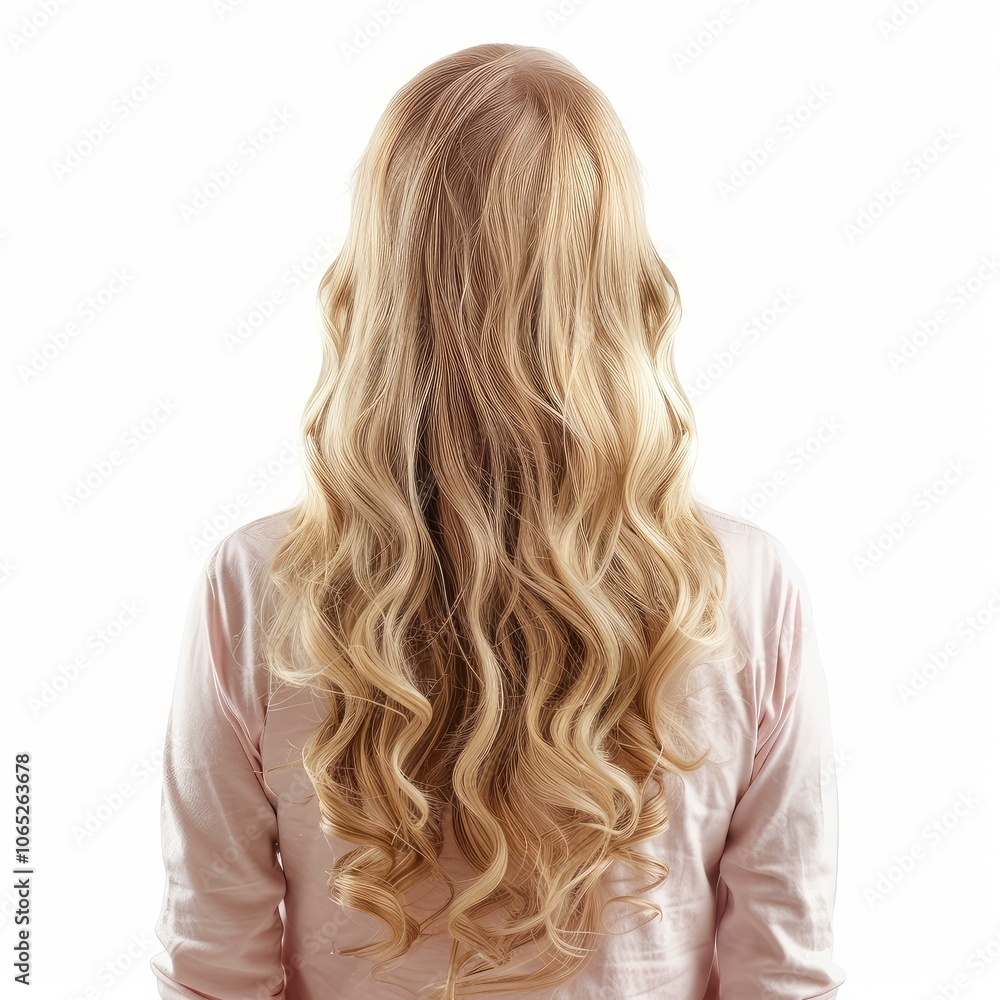 Naklejka premium Back view of blonde woman with long healthy curly hair posing on white background in studio
