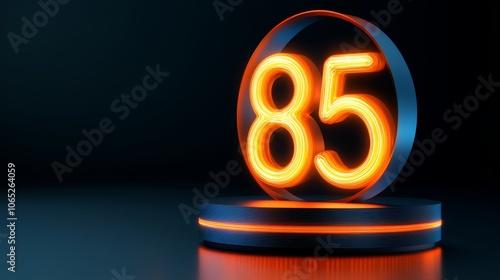 Glowing Neon Number Eighty Five, 85, on a Metallic Podium on a Dark Background with Reflections photo