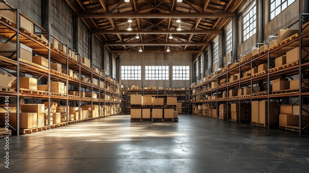 Fototapeta premium Cardboard Boxes Stacked on Shelves in a Warehouse