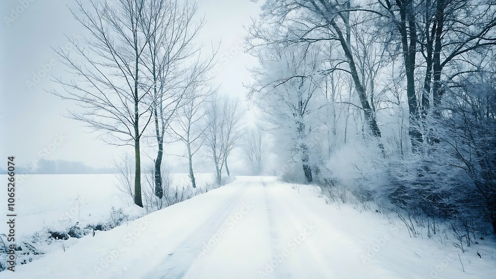 Obraz premium In a winter landscape, a road covered in snow and trees covered in snow