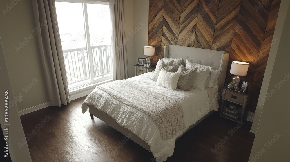 Fototapeta premium Cozy Modern Bedroom with Elegant Wood Accent Wall