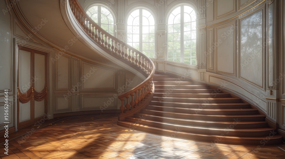 Obraz premium Elegant spiral staircase bathed in sunlight within a grand historic building during early morning hours. Generative AI