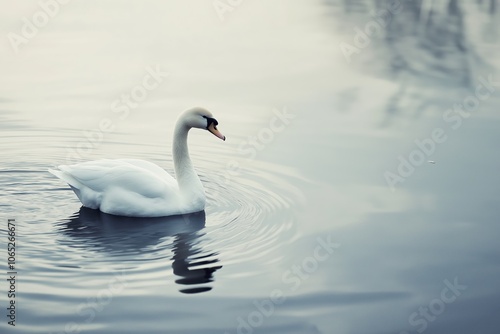 A serene white swan gracefully glides across calm waters, creating a mirror-like effect with its reflection. photo