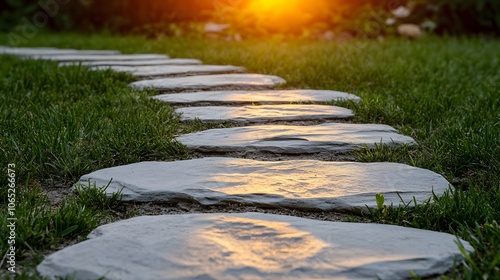 Wallpaper Mural Sunset reflecting on stone pathway in a green garden. Torontodigital.ca