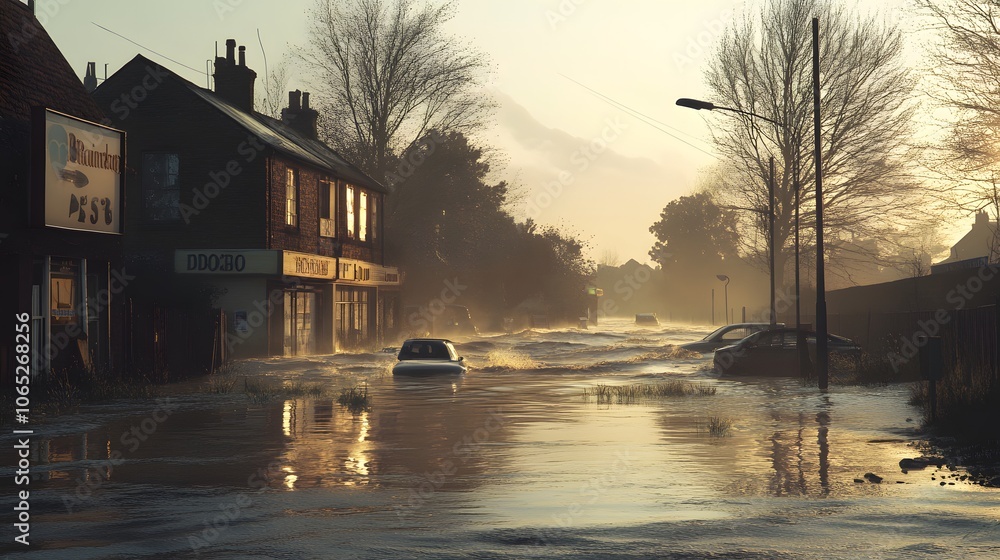 Fototapeta premium Flooded streets with submerged cars at sunset, creating a haunting atmosphere.