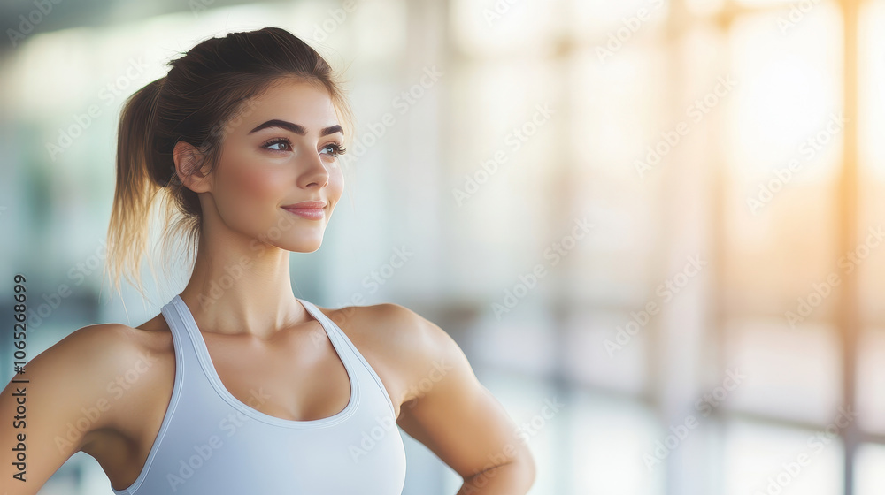 A confident woman in a sports outfit gazes into the distance, embodying strength and determination in a modern fitness setting. A confident woman in a sports outfit gazes into the distance, embodying strength and determination in a modern fitness setting.