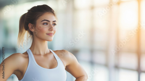 Free Download A confident woman in a sports outfit gazes into the distance, embodying strength and determination in a modern fitness setting. - GFXLoad