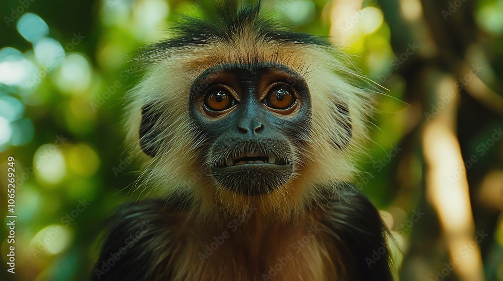 Obraz premium A close-up portrait of a young monkey with big eyes, looking directly at the camera.