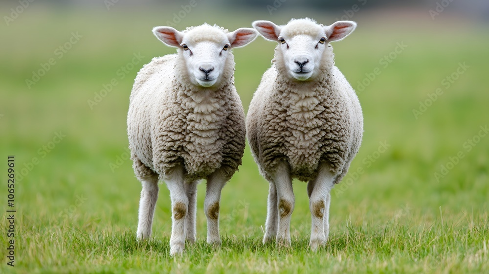 Obraz premium Two adorable sheep standing together in a lush green field.