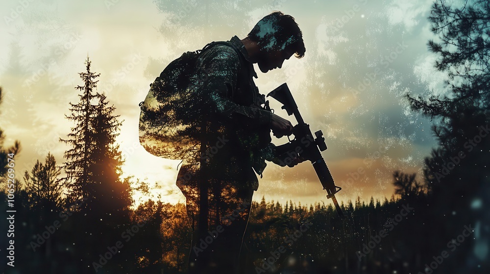 Fototapeta premium Man loading a rifle in the woods, close up, focus on, copy space Double exposure silhouette with dark pine trees