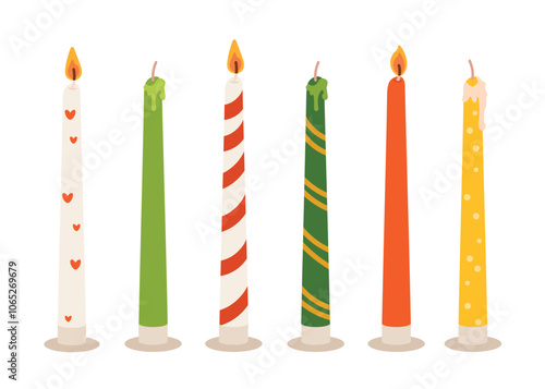 Various Candles. Different color and sizes. Decorative wax candles for relax and spa. Hand drawn Vector set