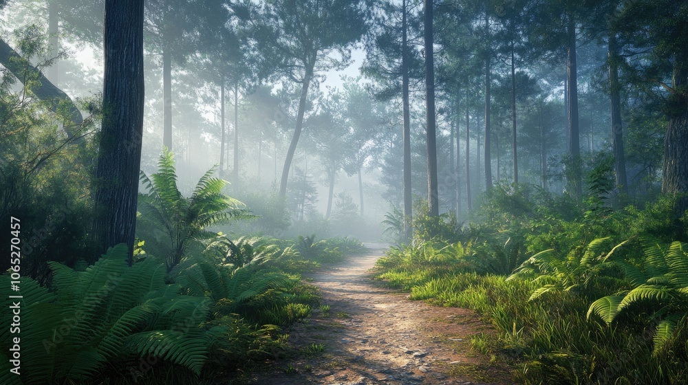 Obraz premium Tranquil Forest Pathway in Morning Light