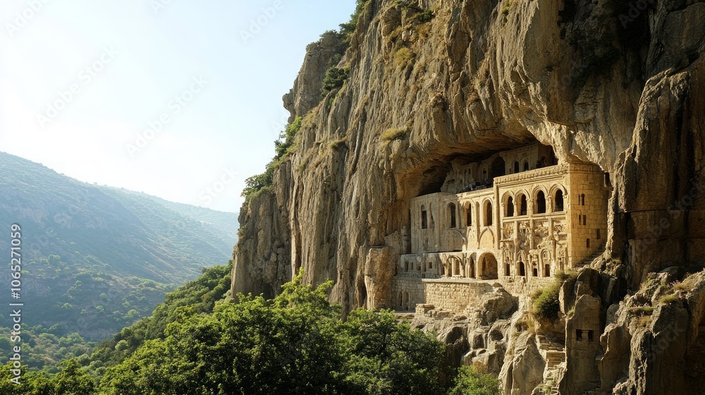 Naklejka premium Ancient Cliffside Monastery Surrounded by Lush Greenery