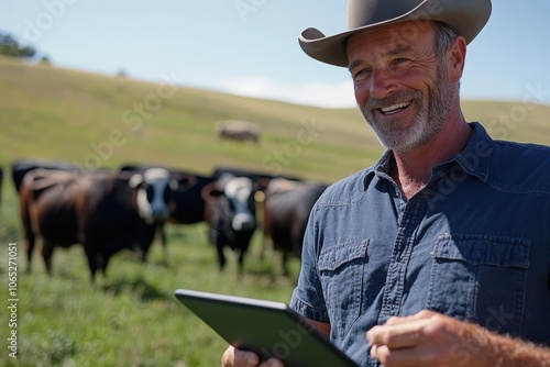 A jovial cowboy clad in denim and a hat engages with a tablet while black cattle loiter in the background, emphasizing technology and ranch work harmony. photo