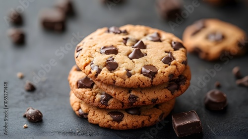 Delicious stack of chocolate chip cookies on a rustic background.