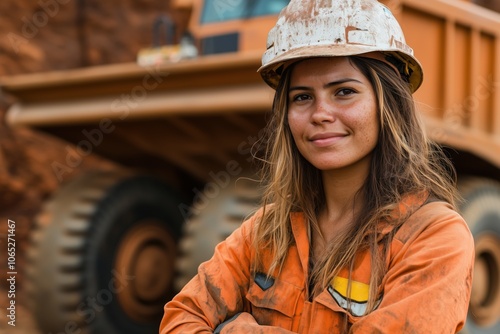 Confident female construction worker in safety gear, standing in front of a heavy-duty truck. photo