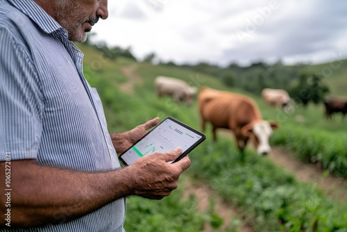 A farmer attentively checks data on a tablet related to his cattle in a verdant field, illustrating the fusion of modern technology with agriculture practices. photo