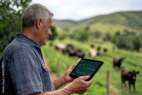 In a pastoral landscape, a farmer engages with digital tools to manage his cattle, symbolizing the seamless integration of modern innovation in agriculture. photo