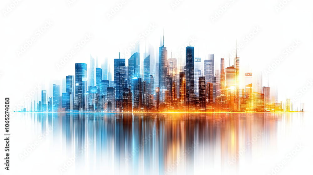 Fototapeta premium vibrant city skyline with modern skyscrapers reflecting in water, showcasing blend of blue and orange hues. scene evokes sense of energy and urban life