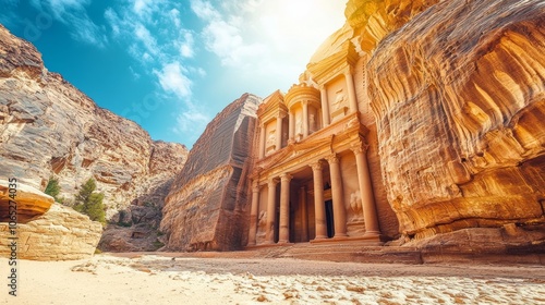 Majestic Facade of Al-Khazneh in Petra, Jordan Under Bright Blue Sky