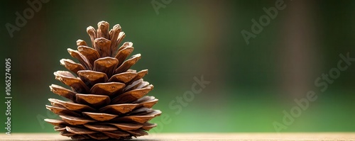 Detailed closeup of pinecone scales, earthy brown tones, soft green forest background, organic structure, nature s design photo